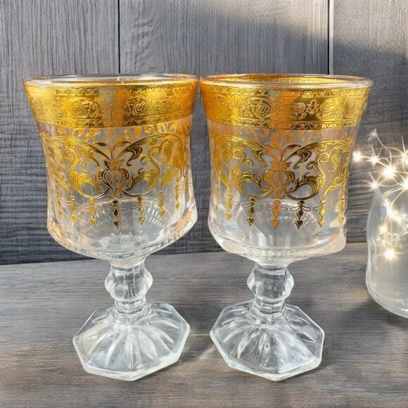 Bohemian Czech Clear Glass Goblet Cups Set2 Glasses Heavy Gold Butterfly Pattern - Picture 2 of 16